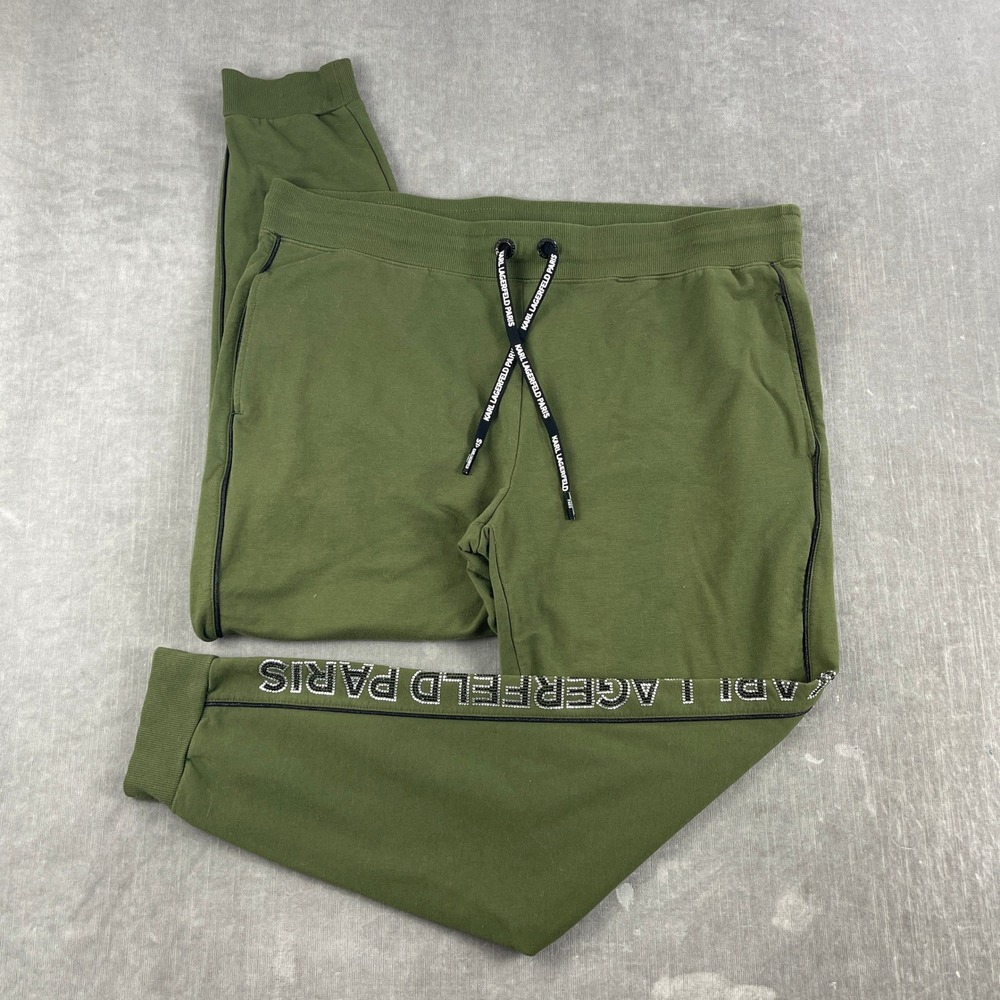Karl Lagerfeld Paris Womens XL Olive Green Jogger Sweatpants Rhinestone Logo